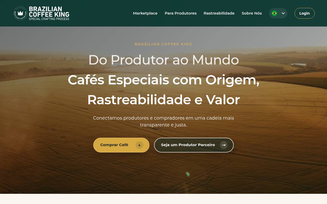 Página inicial do site Brazilian Coffee King